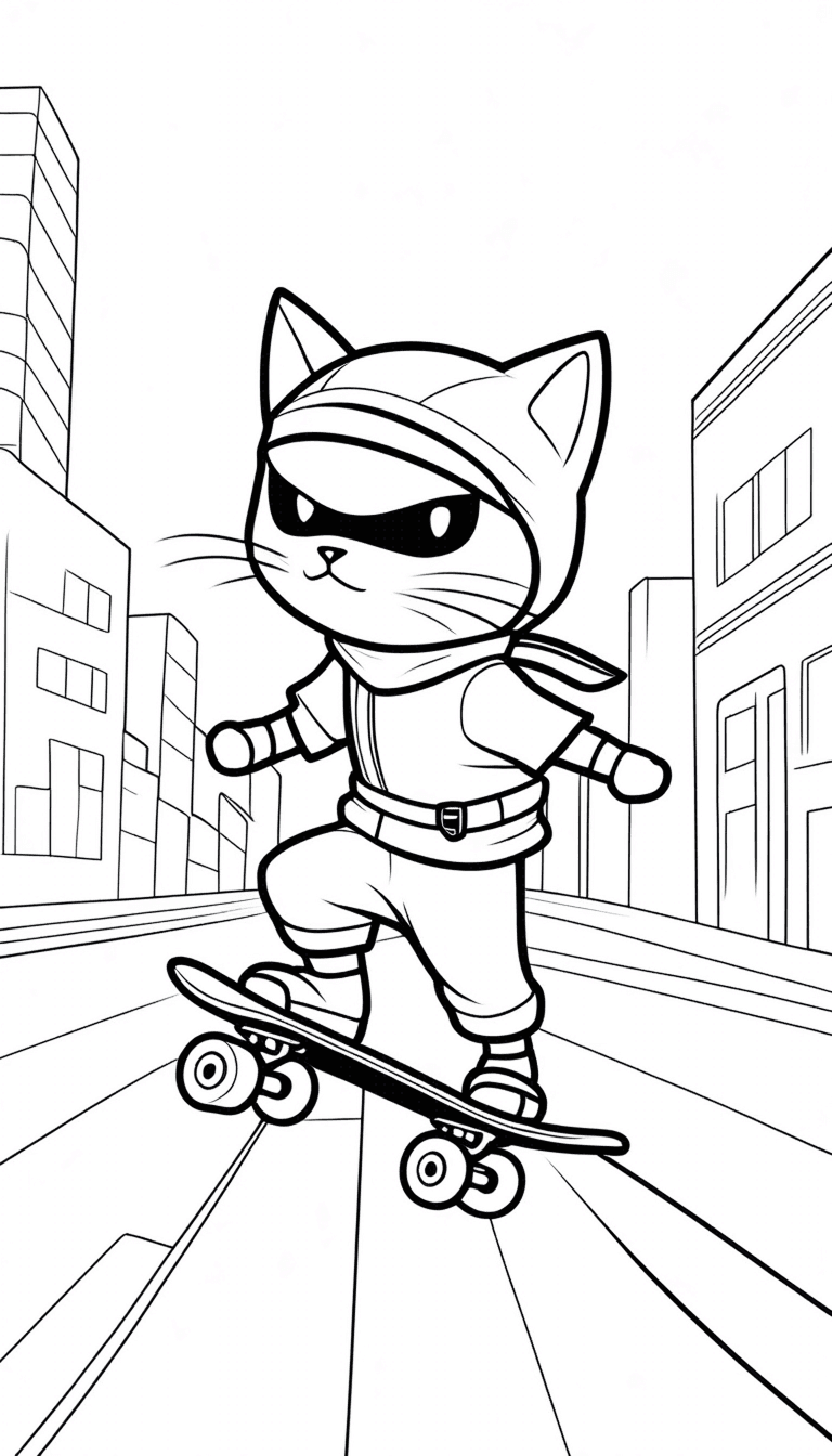 Ninja Cat Skateboarding Coloring Page - Free printable ninja cat coloring page featuring a cool cat dressed as a ninja, riding a skateboard through an urban cityscape. Perfect for kids who love animals, ninjas, and action-packed scenes.