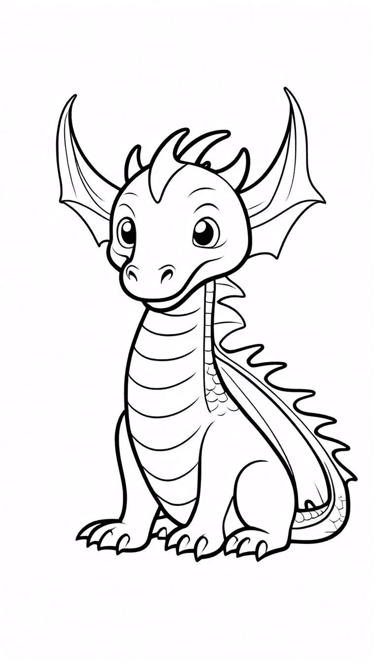 Cute Baby Dragon Coloring Page - Free printable baby dragon coloring page featuring an adorable, friendly-looking dragon with big eyes, small wings, and curved horns. Perfect for kids who love mythical creatures, fantasy adventures, and magical coloring fun.