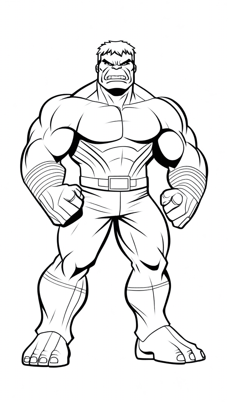 Hulk Coloring Page - Free printable Hulk coloring page featuring the muscular green superhero in an intense pose, ready to smash! Great for kids who love Marvel superheroes and action-packed coloring activities.
