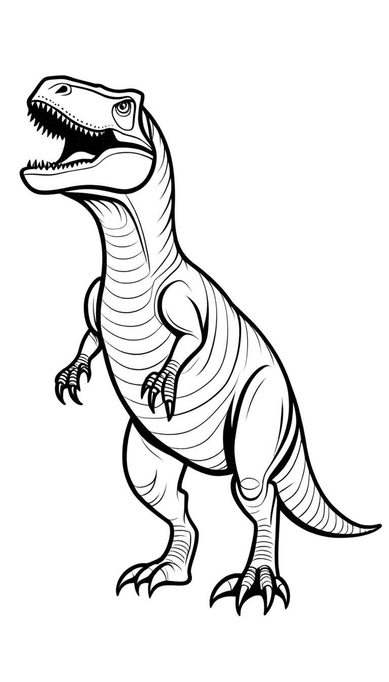 Tyrannosaurus Rex (T-Rex) Coloring Page - Free printable T-Rex coloring page featuring a fierce, roaring Tyrannosaurus Rex in a dynamic pose. Great for dinosaur enthusiasts and kids who love Jurassic-themed coloring activities.