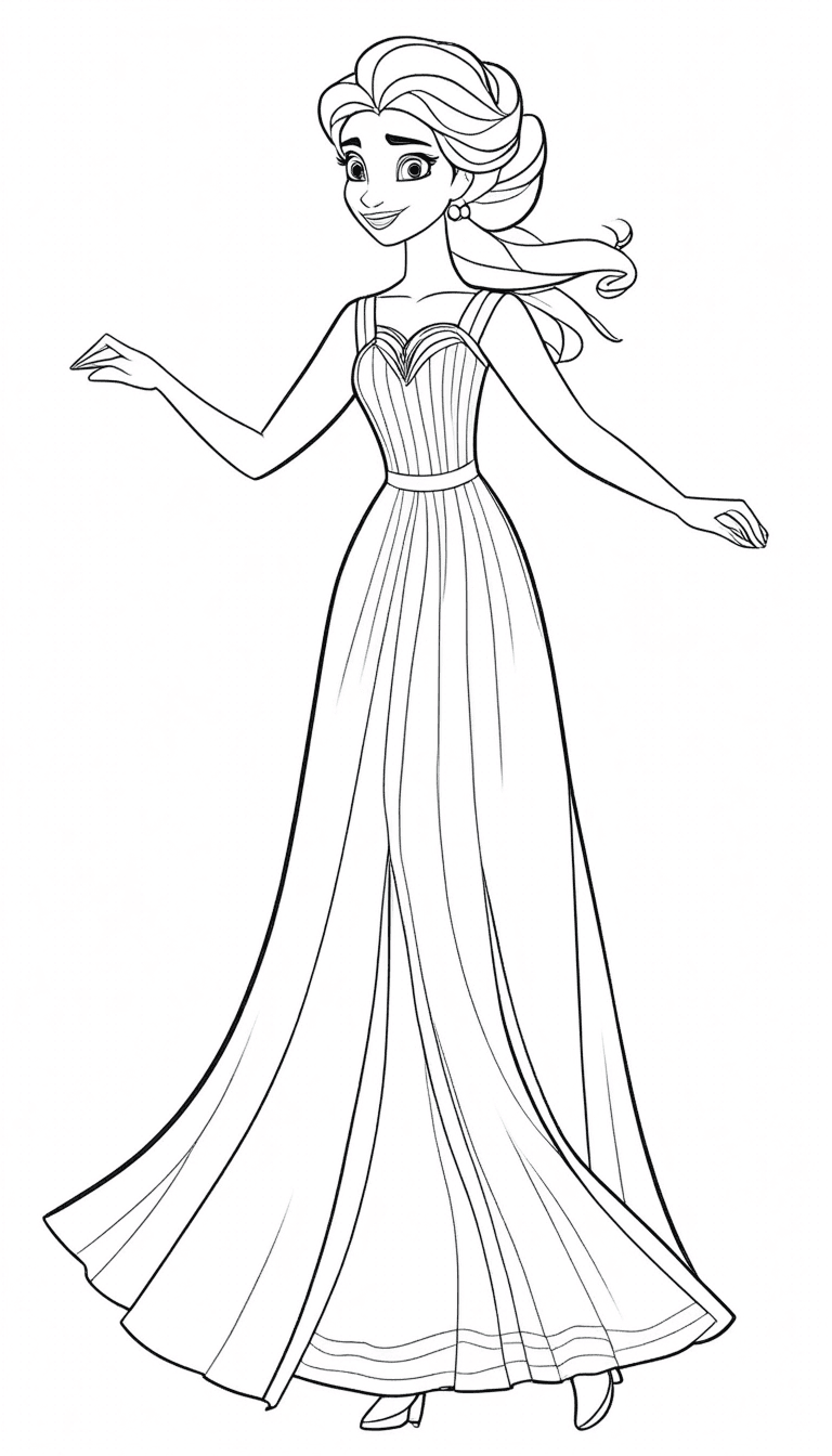 Elsa from Frozen Coloring Page - Beautiful Elsa coloring page featuring the Disney princess in her elegant gown, gracefully posing. A perfect choice for kids who love Frozen, fairy tales, and magical dress-up.